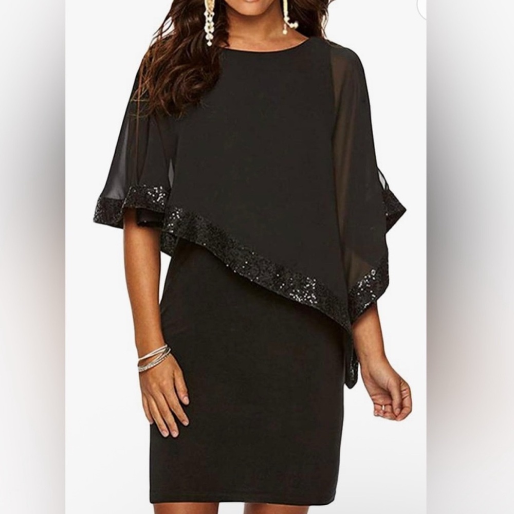 NWT Scarlett Elegant Black Sequin Trim Cape Dress 8